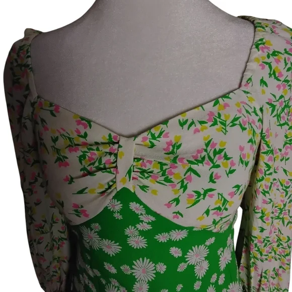 Rixo X Target Women's 6 Green Pink White Daisy Long Sleeve Maxi Dress - Picture 4 of 7